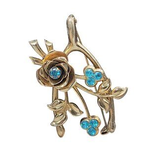 Gold Plated Wish Bone Flower Brooch Blue Rhinestones Vintage 1940s Pin